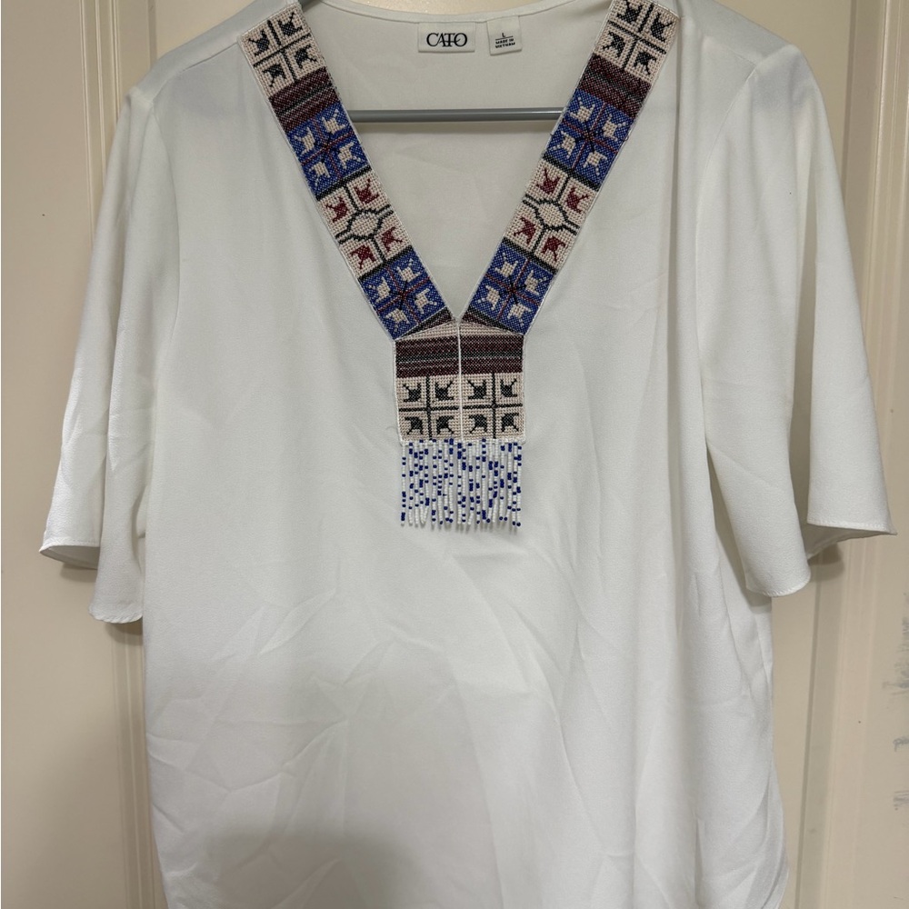 Cato White Blouse with Blue and Red Pattern